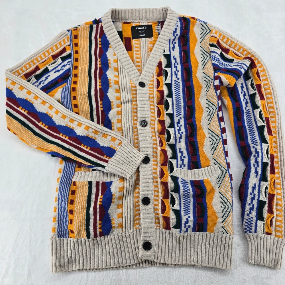 rue21 Men's Small Cardigan Multicolor Coogi Biggie Cosby‎ Style Geometric Knit